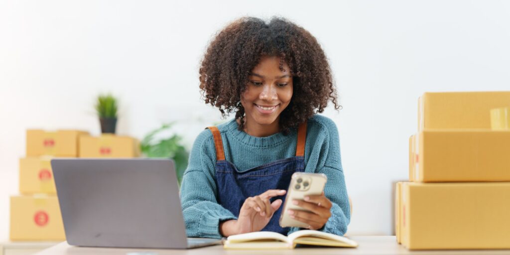 Beautiful American African woman completes KYC using an online banking program in order to open a