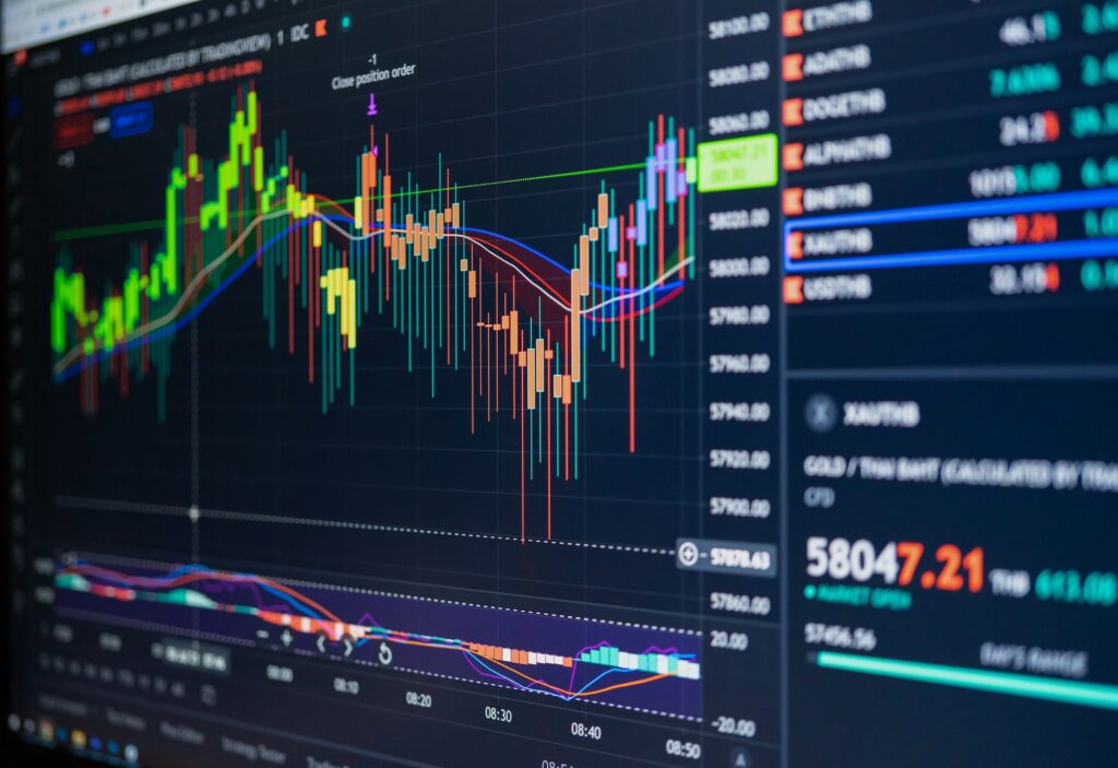 Digital graph chart diagrams of cryptocurrency, stock market or forex exchange on computer screen.