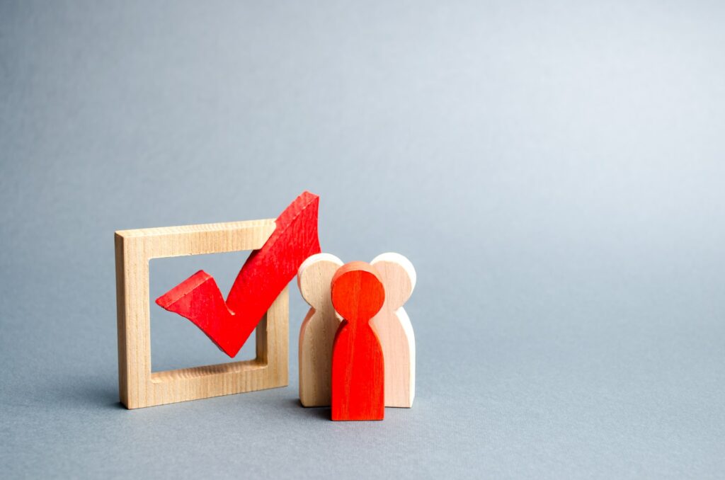 people stand near the checkbox for voting in elections